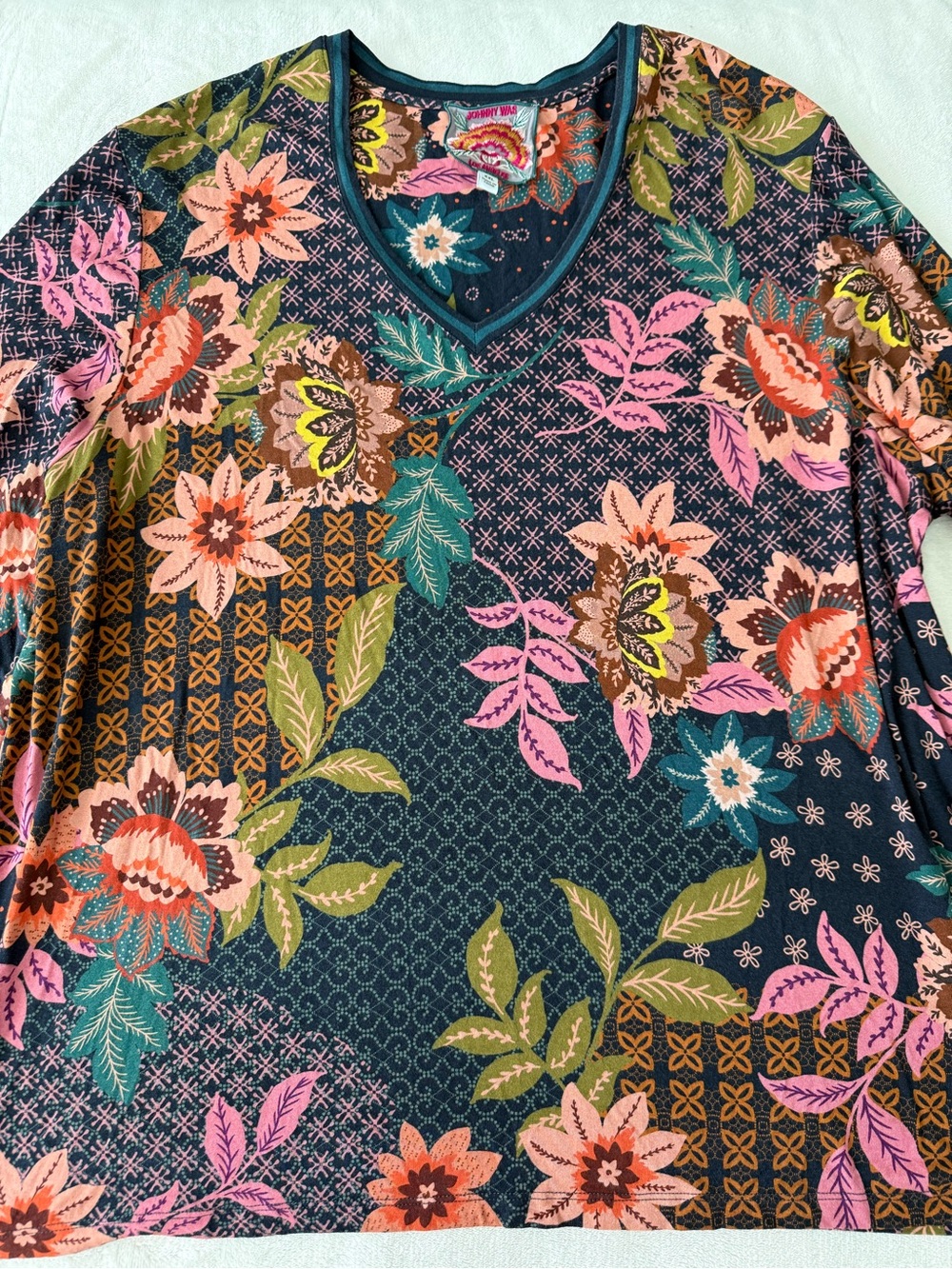 Johnny Was Delfino V Neck Kimono Sleeve Tee Flowers Top Blouse XXL Boho D93